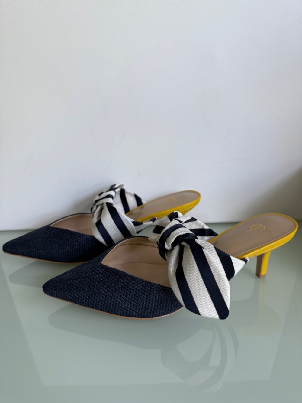 CAbi Style 6022 Bow Kitten Heels Blue Stripe Bow Yellow Heel Size 8 EUC w/Box - Picture 8 of 12